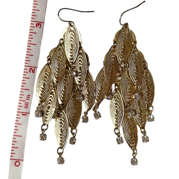 Gold Chandelier Earrings with Faux Diamond Gemstone Detail - Picture 4 of 4